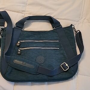 Kipling Teal Blue Shoulder Bag with Silver Zippers